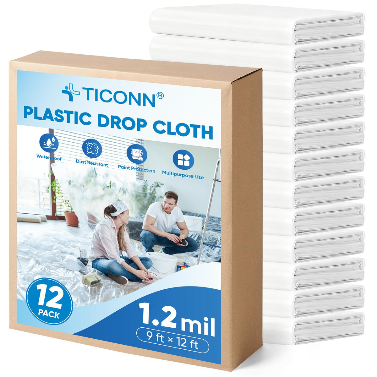 TICONN 12 x 9 Ft Plastic Drop Cloth for Painting, Waterproof Painters Plastic Sheeting, Painting Tarp for Furniture Cover, Floor Protection (6PK, 0.5Mil)
