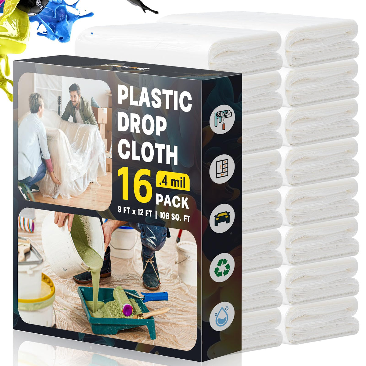 Plastic Drop Cloths for Painting, 9x12 Ft Plastic Sheeting, 0.4Mil (8-Pack)