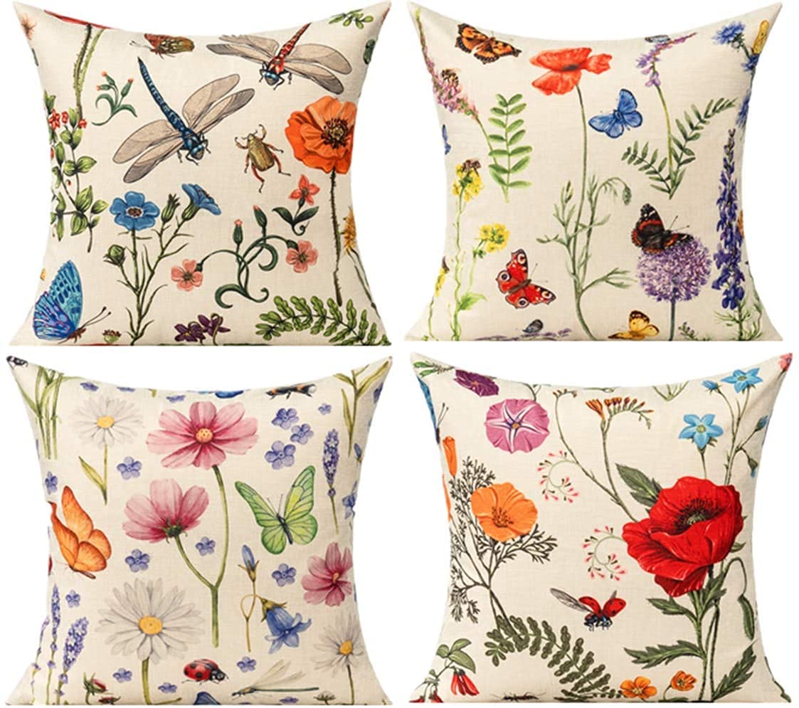 All Smiles Outdoor Patio Throw Pillow Covers 18x18 Set of 4 Spring Summer Garden Flowers Farmhouse Décor Outside Furniture Bench Chair Decorative Cushion Cases for Swing Deep Seat Bed Couch Sofa