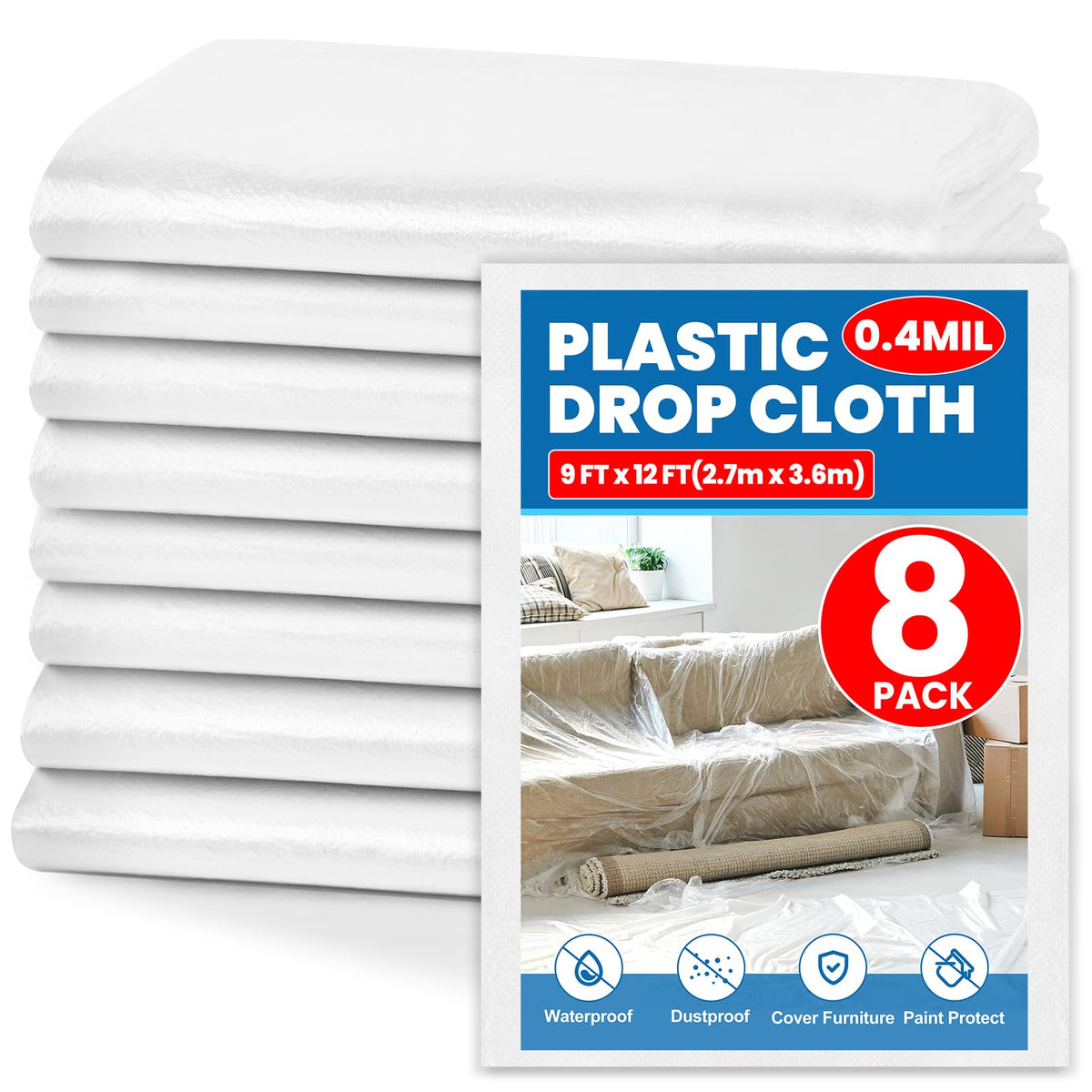 8 Pack Plastic Drop Cloth, 9 x 12 Feet Plastic Sheeting