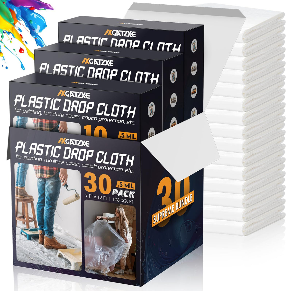 Axgatoxe 12 x 9 Ft Plastic Drop Cloths for Painting (10-Pack)