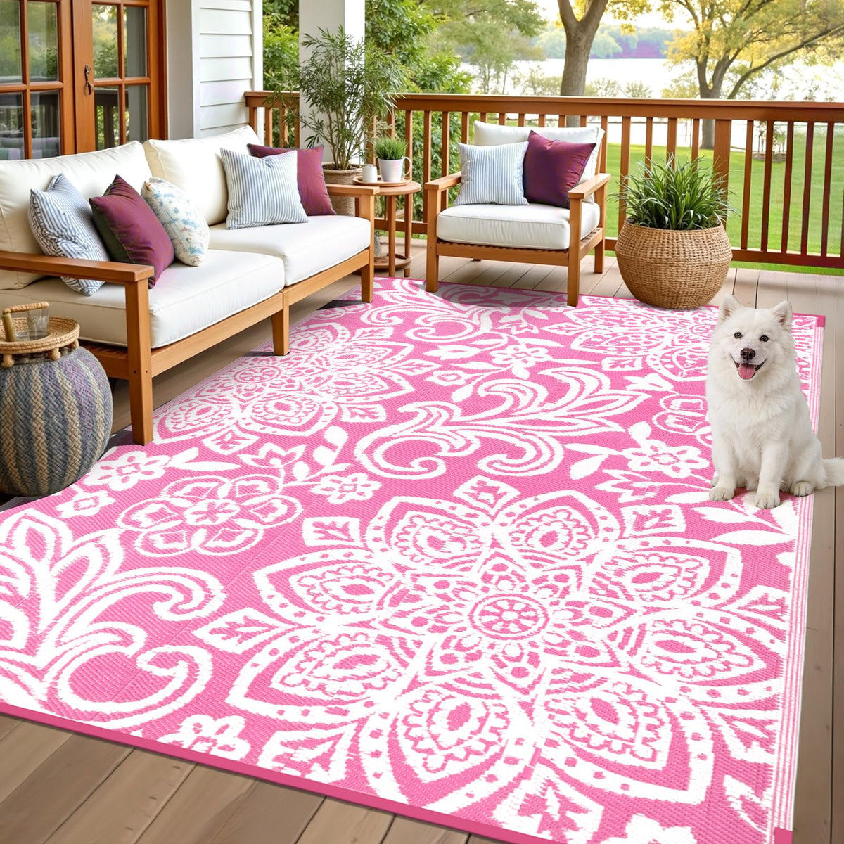 Findosom Waterproof Outdoor Rug 6' x 9' - Reversible Mandala Outdoor Plastic Straw Rug, Durable Foldable Patio Rug for RV, Deck, Balcony, Backyard, Picnic, Porch, Camping, Beach, Gray