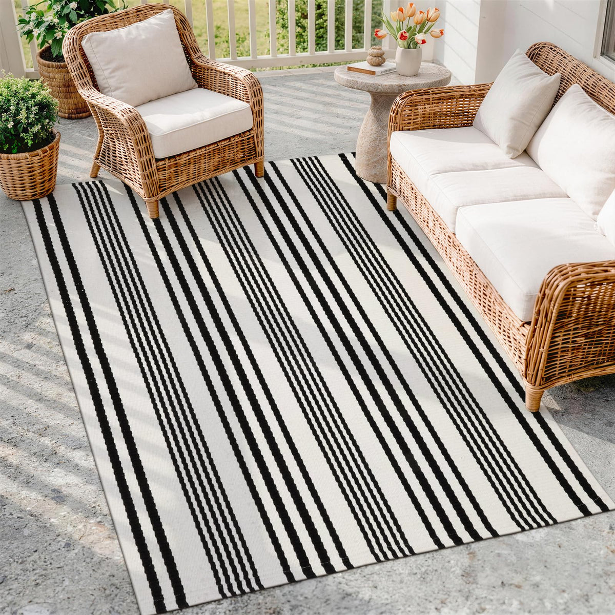 OJIA Outdoor Rug 3'x5', Black and Tan Patio Rugs Fall Door Mat Outside