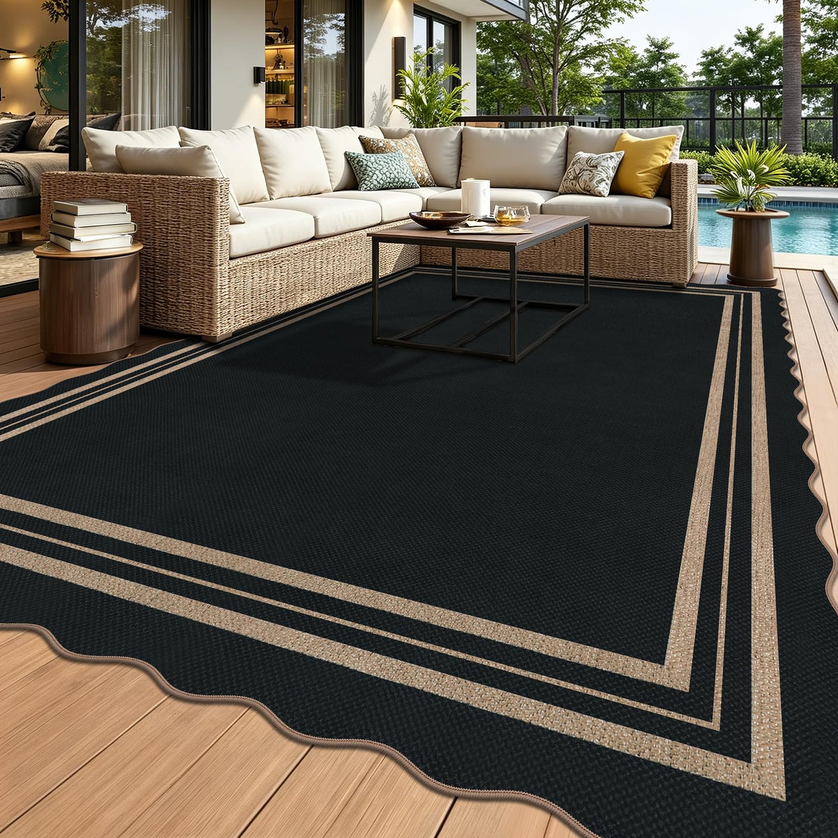 Scalloped Easy Jute 3x5 Front Door Mat, Washable Rugs for Entryway Black Outdoor Patio Rug, Farmhouse Neutral Non Slip Indoor Carpet for Porch Backyard