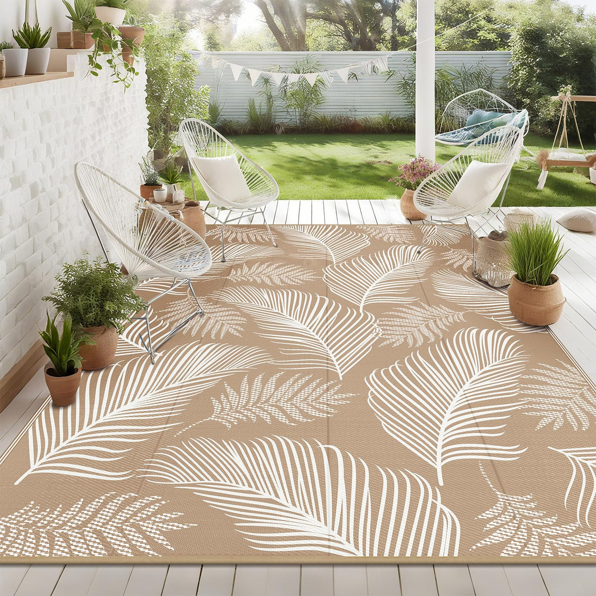 Pauwer Waterproof Outdoor Rug 5x8, Plastic Straw Patio Rug, Leaf Brown