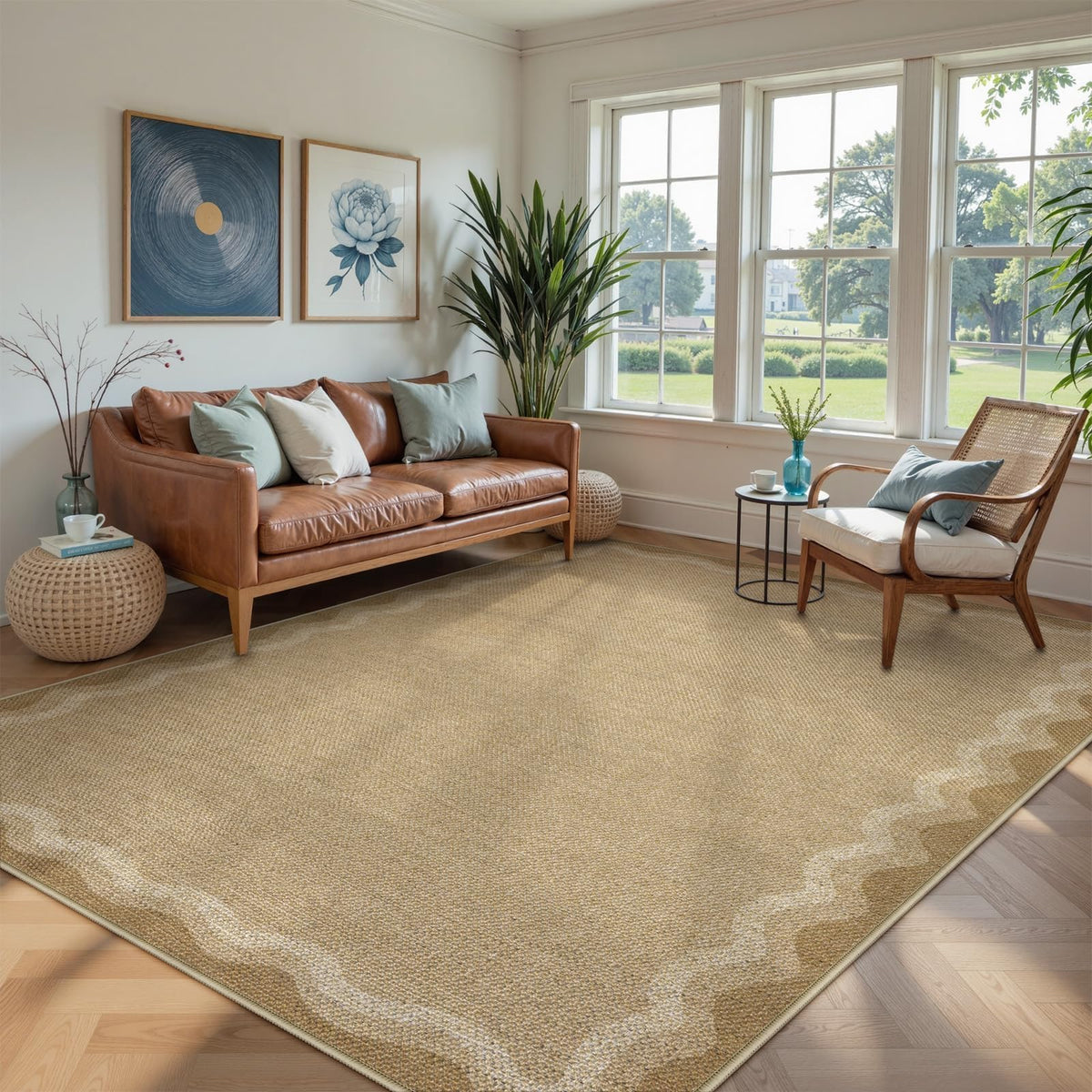 LIVEBOX Scalloped Easy Jute 3x5 Outdoor Rug, Washable Non-Slip Geometric Tan Rugs for Entryway, Indoor Outdoor Farmhouse Rug Modern Carpet Door Mat Area Rug for Patio Bedroom Living Room Kitchen Porch