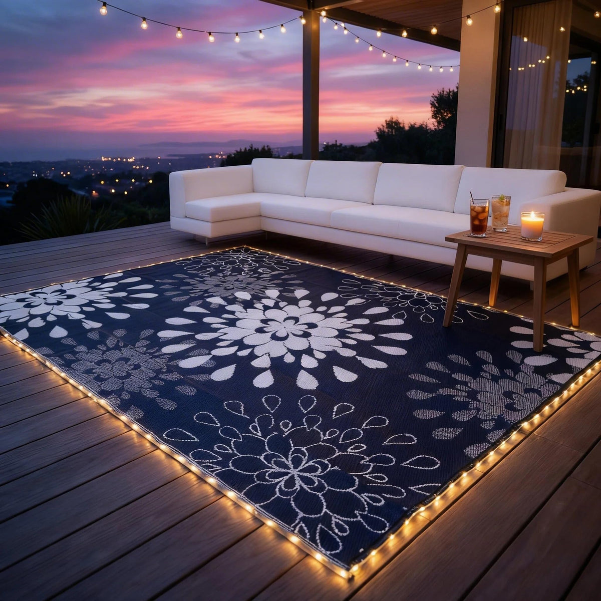 Wallona Outdoor Rug 5x8 ft, Flower Blue & White