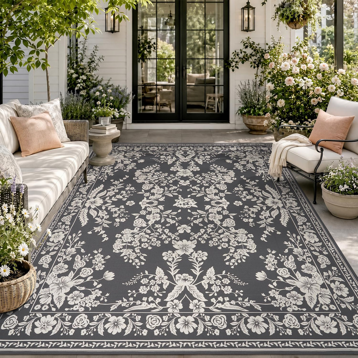 AMOAMI Outdoor Rug Patio Rug 5x8 ft Quick Dry Flatweave Textured Machine Washable Outdoor Carpet with Rubber Particles Backing Boho Outdoor Area Rug for Patio Deck Front Porch Balcony Greyish Black