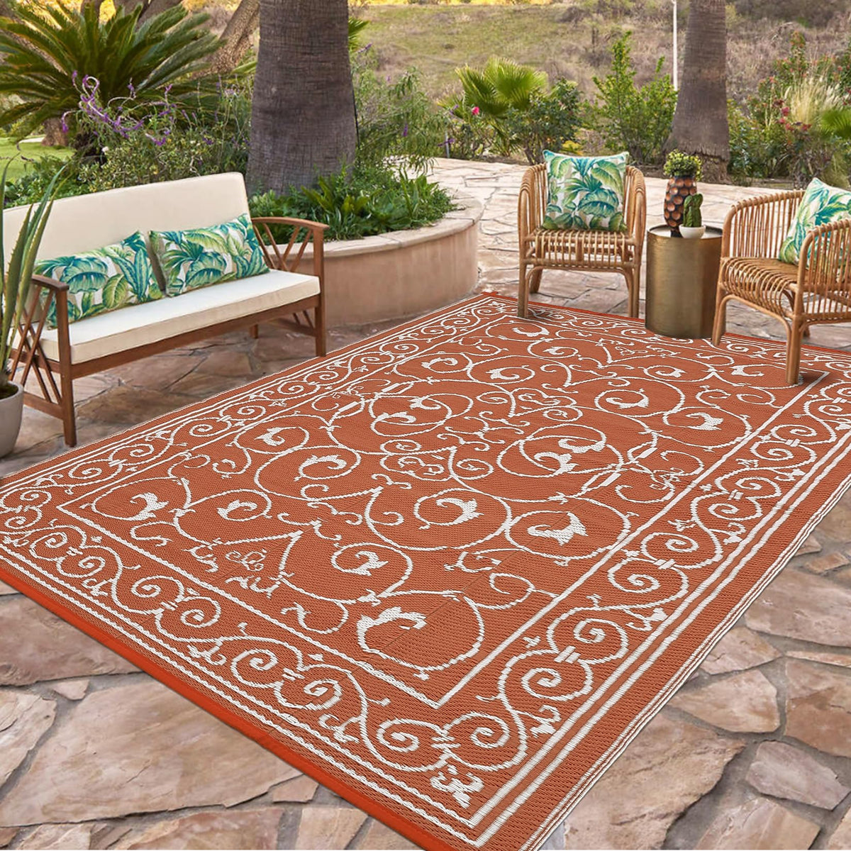 Garvee 9x12 Outdoor Patio Rug Plastic Straw Rug Waterproof Panel Grey Brown