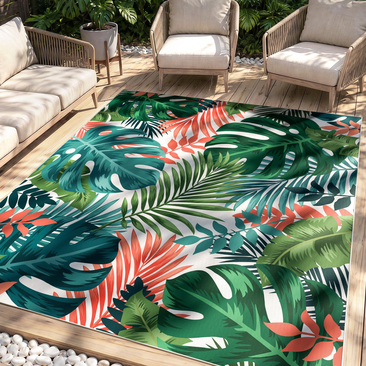 Arenarug 8x10 Monstera Tropical Outdoor Rug Waterproof, Colorful