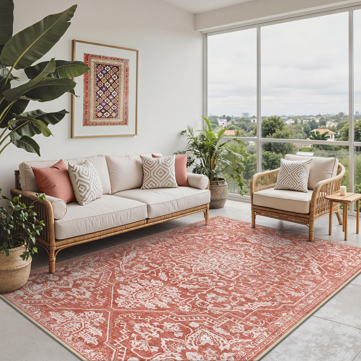 GENIMO 5x8 Outdoor Rug, Washable for Patio and Deck, Navy Blue & Ivory