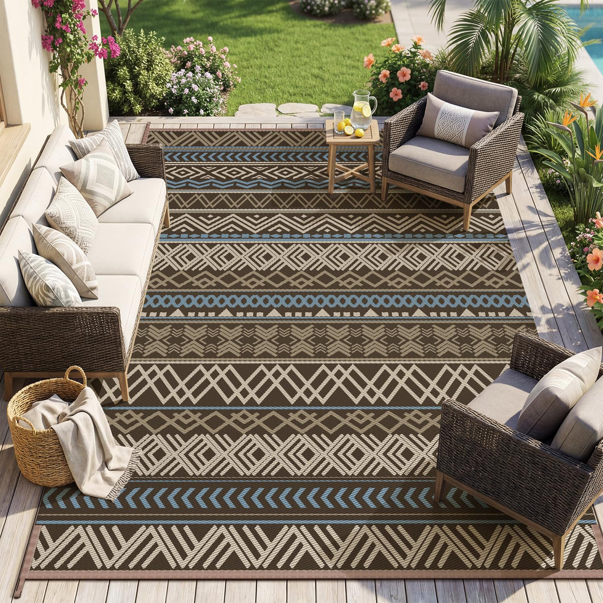 MontVoo Outdoor Rug Carpet Waterproof-Patio Rug Mat 5x8 Reversible RV Outdoor Camping Rugs Picnic Beach Mats Plastic Straw Outside Rugs for Balcony Porch Pool Deck Boho Patio Decor