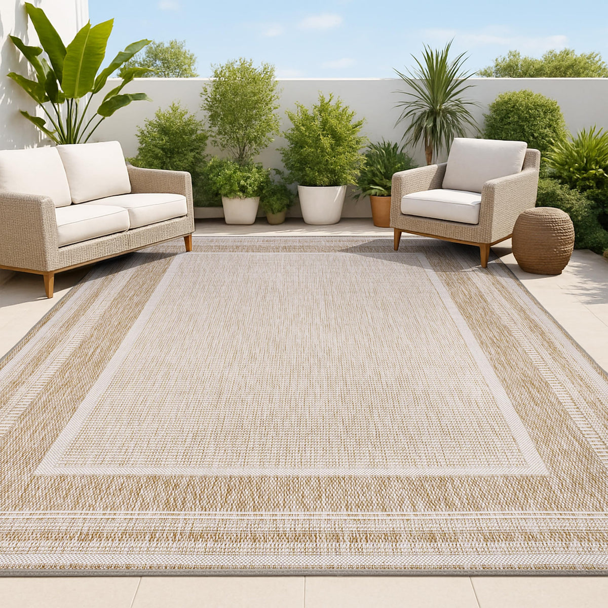 JONATHAN Y Border Stripe Indoor Outdoor Area Rug 4X6 Beige/Cream, Beckett Classic Casual for Backyard, Patio, Porch, Easy-Cleaning, High Traffic, Pet-Friendly, Non-Shedding (TSN208A-4)
