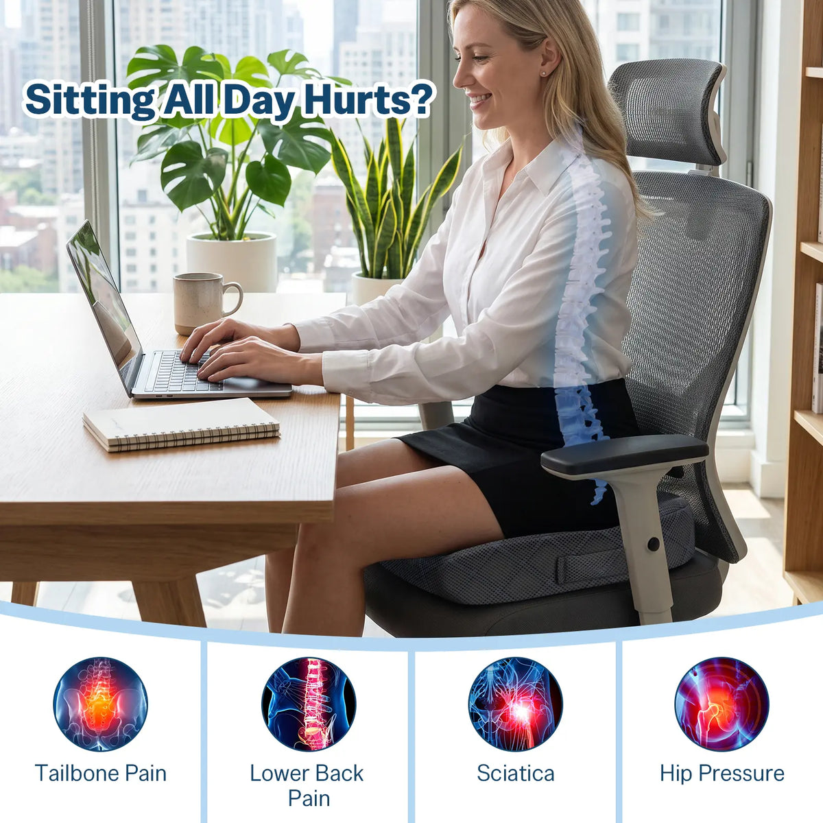 Ergonomic Memory Foam Seat Cushion for Office Chair, Car & Home, Donut Pillow with Portable Handle, Non-Slip Bottom, Washable Cover for Tailbone & Hip Support
