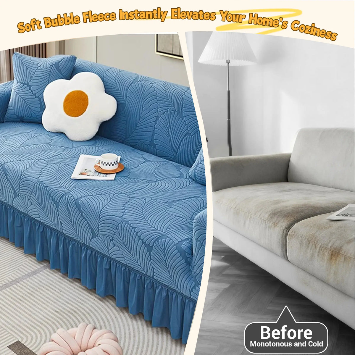 Raybee 1-4 Seat Elastic Sofa Protector Cover with Skirt, Fully Covered Dustproof Sofa Couch Bench Cover, Pet Friendly Stretch Slip Cover Durable Stretchable Sofa Protection Ideas, Machine Washable Universal Furniture Protector, Living Room