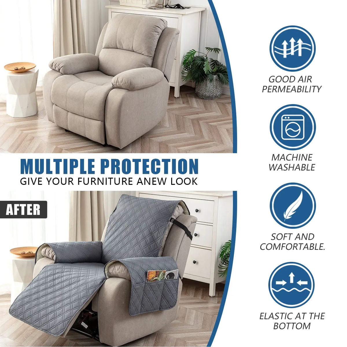 Waterproof Recliner Chair Cover, Non-Slip Reclining Cover, Washable Sofa Slipcover with Elastic Straps for Pets, Dust-proof Couch Protector,sohochic