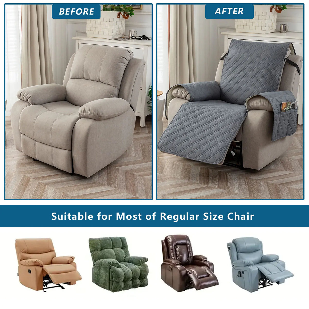 Waterproof Recliner Chair Cover, Non-Slip Reclining Cover, Washable Sofa Slipcover with Elastic Straps for Pets, Dust-proof Couch Protector,sohochic
