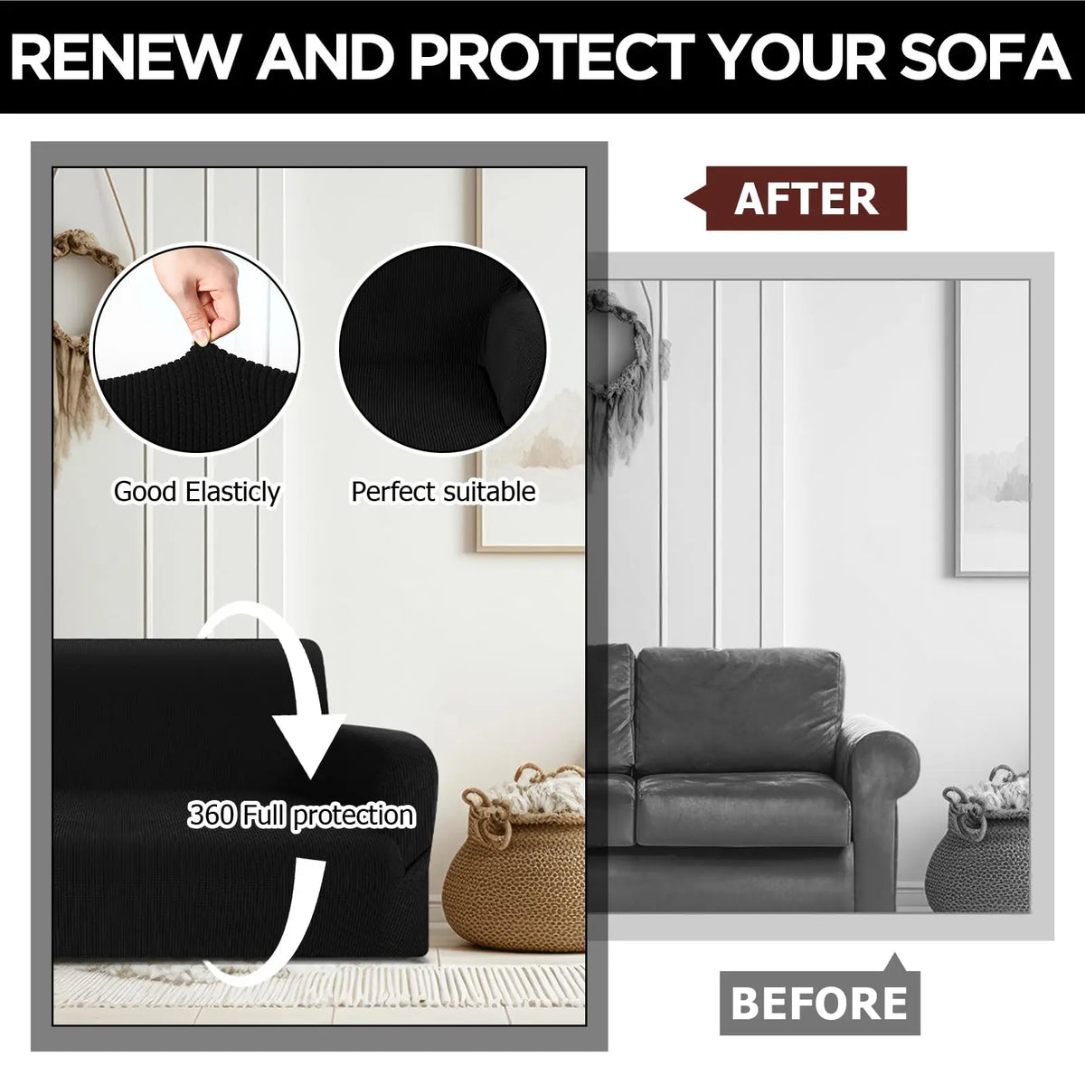 Classic 3-Pc Stretch Universal Sofa Protector Set - 3-Seater Couch Cover for Sofa with Armchair Covers, Anti-Slip Elastic Polyester-Spandex, Skin-Friendly Full Coverage, Wrinkle Resistant, Machine Washable, All-Season, Local Warehouse Gift for Parents, 3-
