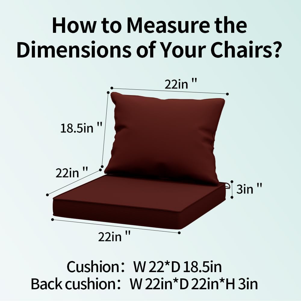 Outdoor Chair Cushions, Waterproof High Back Patio Cushion Set, 24x24 Inch Deep Seat Cushions for Patio Furniture, Washable Outdoor Pillows with Non-Slip Ties (Red, 24x24inches)