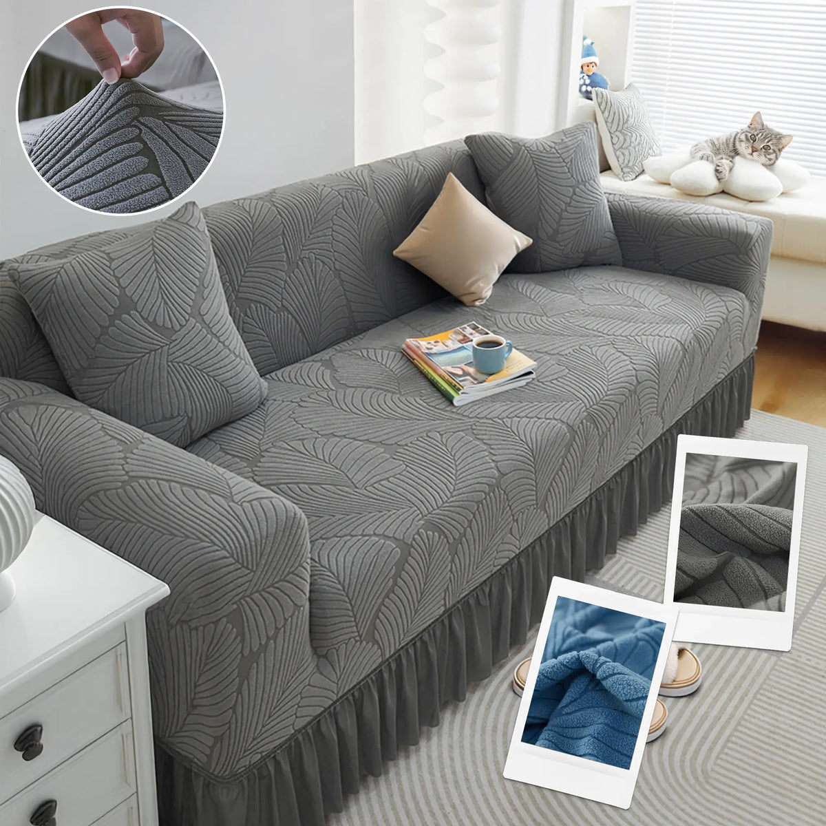 Raybee 1-4 Seat Elastic Sofa Protector Cover with Skirt, Fully Covered Dustproof Sofa Couch Bench Cover, Pet Friendly Stretch Slip Cover Durable Stretchable Sofa Protection Ideas, Machine Washable Universal Furniture Protector, Living Room