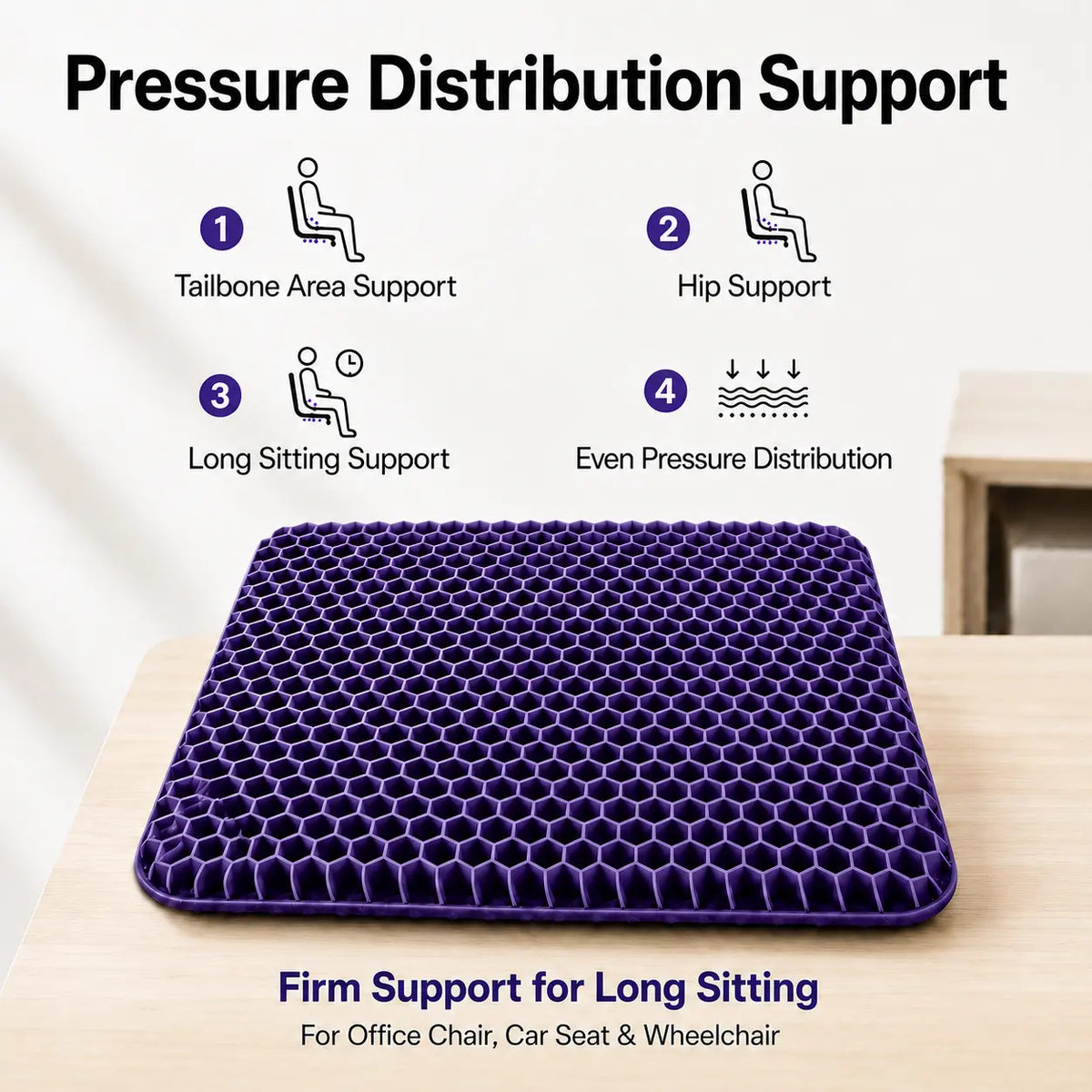 Honeycomb Structure Gel Seat Cushion - Ergonomic Tailbone & Hip Support, Thick Cooling Breathable Fabric Pad, Weight Distribution, Long Sitting Support, Non-Slip Washable Cover for Office Chair, Wheelchair,sohochic