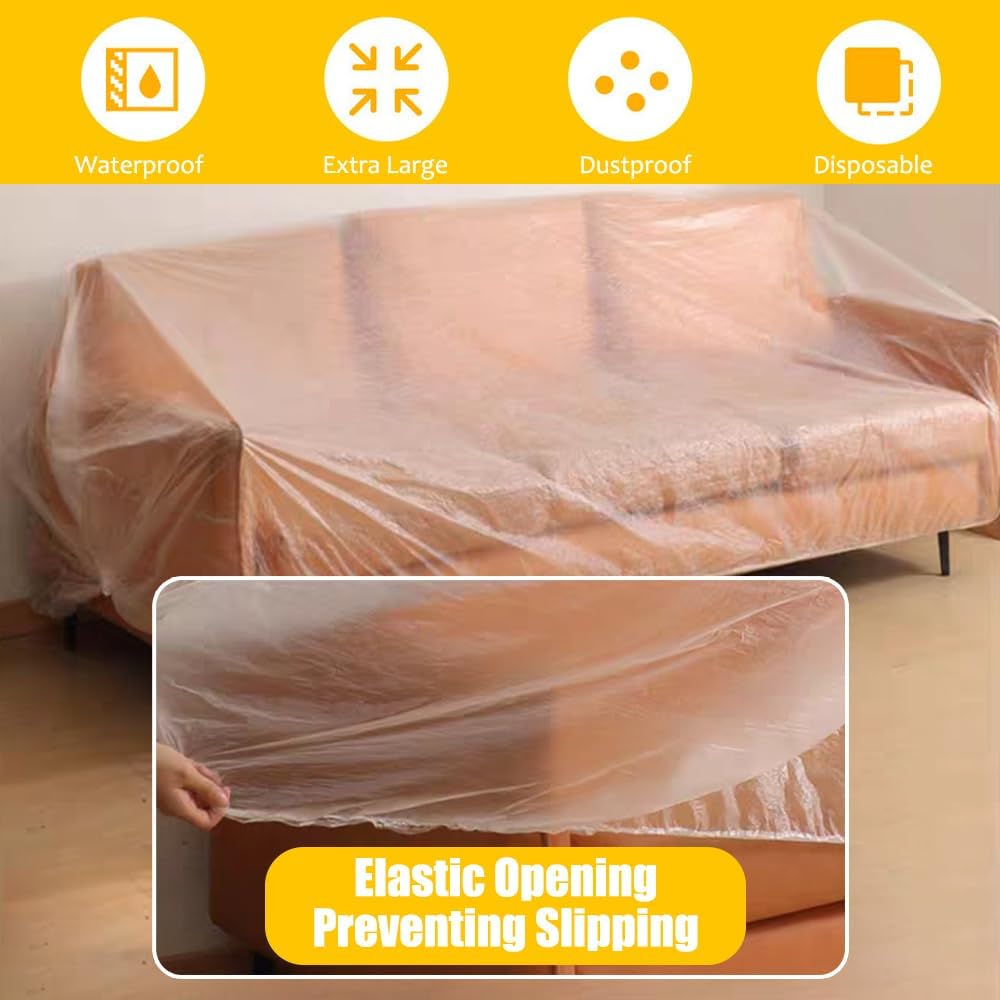 OULIGET Disposable Furniture Dust Covers with Elastic,Extra Large Sofa Couch Cover, Clear Moving Storage Bag for Bed Sofa Dining Table TV Cabinet,17 x 7.8 Ft,2 Pieces