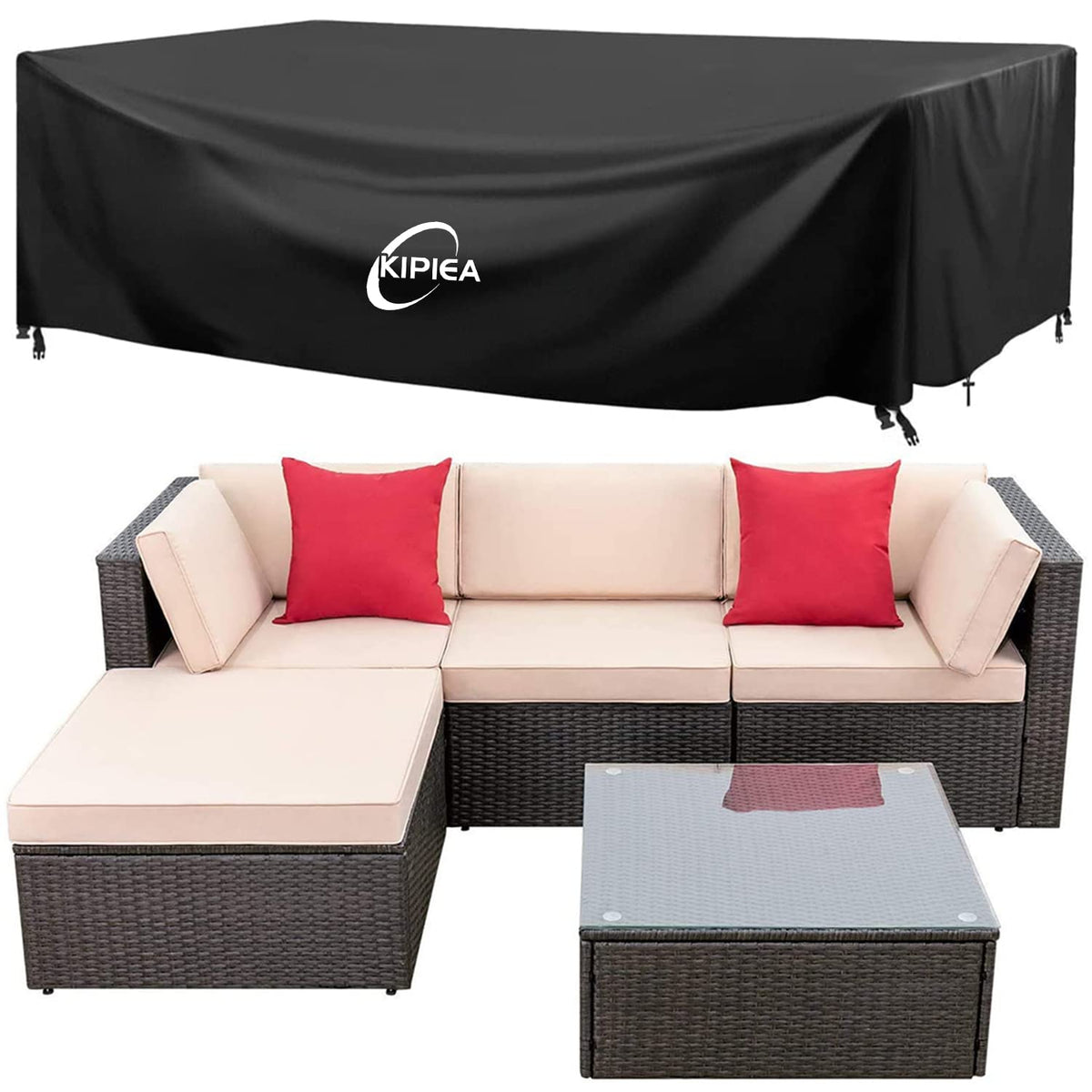 Kipiea Patio Furniture Covers Waterproof Winter, Heavy-Duty Outdoor Furniture Set Covers for Table Chairs, Anti-UV, No Tears or Fading (110" L x 84" W x 28" H)