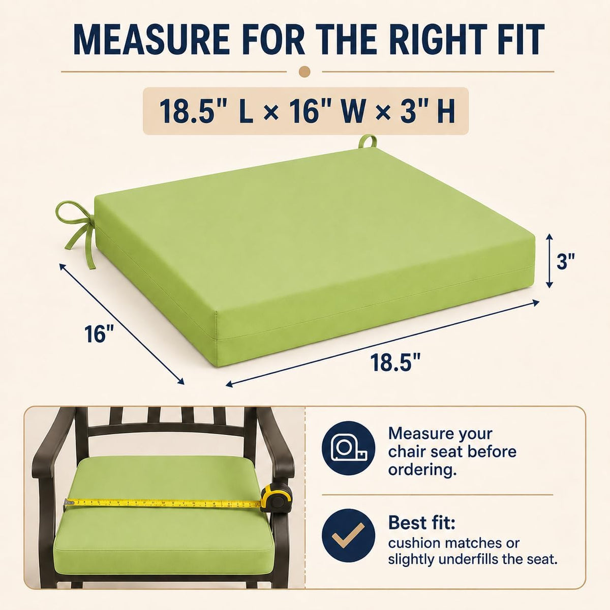 UNIKOME Outdoor Chair Cushions Pack of 4, Water Resistant Patio Cushions with Ties, High Density Sponge Filling Square Corner Seat Cushions for Outdoor Furniture, 18.5"*16"*3", Green