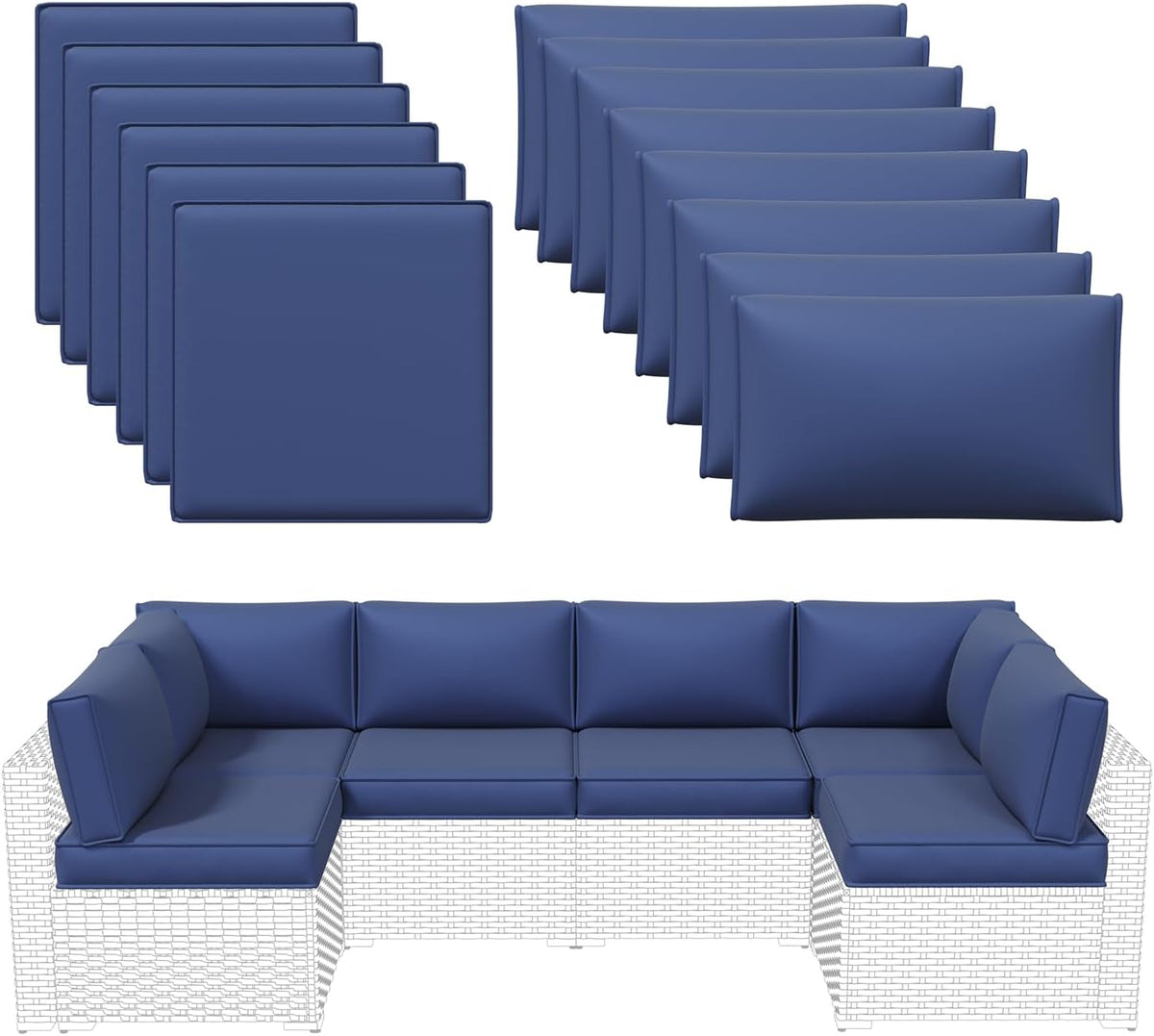 Aoxun Outdoor Replacement Cushions for Patio Furniture, Waterproof Sofa Cushion for 6-Seat Rattan Wicker Sectional Patio Conversation Sets, 14-Piece Cushions Set for L-Shape Couch, Navy