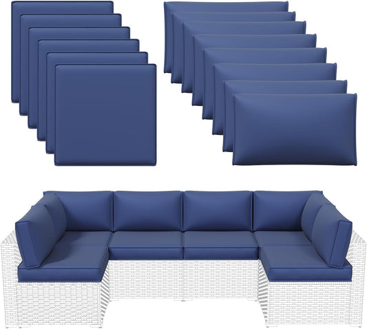 Aoxun Outdoor Replacement Cushions for Patio Furniture, Waterproof Sofa Cushion for 6-Seat Rattan Wicker Sectional Patio Conversation Sets, 14-Piece Cushions Set for L-Shape Couch, Navy