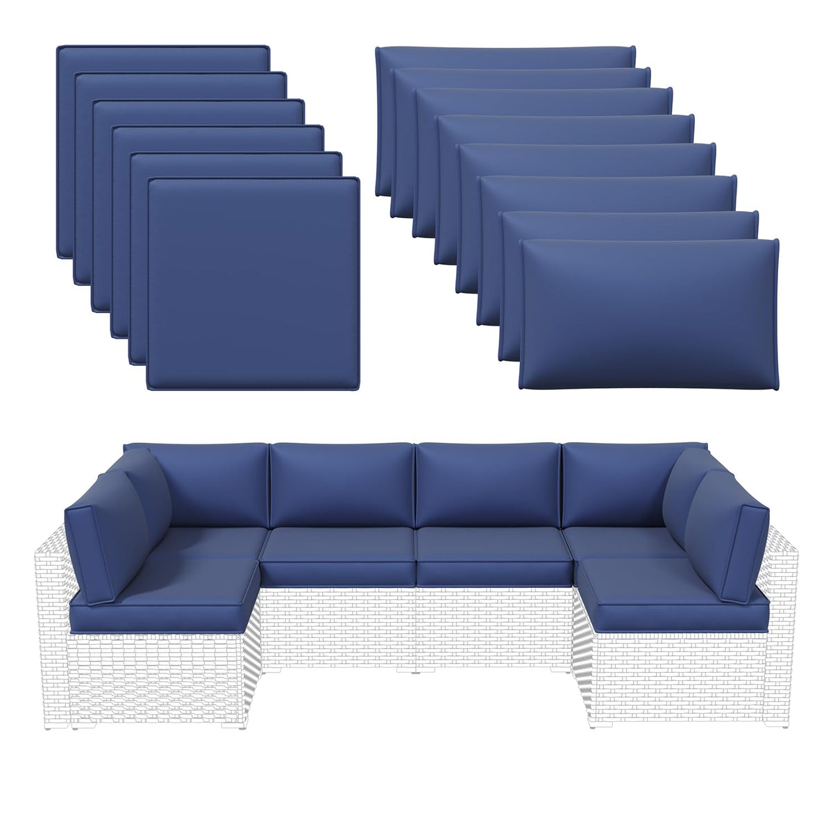 Aoxun Outdoor Replacement Cushions for Patio Furniture, Waterproof Sofa Cushion for 6-Seat Rattan Wicker Sectional Patio Conversation Sets, 14-Piece Cushions Set for L-Shape Couch, Navy