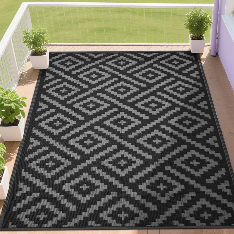 RURALITY Outdoor Rugs 8'x10' Waterproof for Patios Clearance,Plastic Straw Mats for RV, Camping,Backyard,Porch,Deck,Balcony,Reversible,Geometric