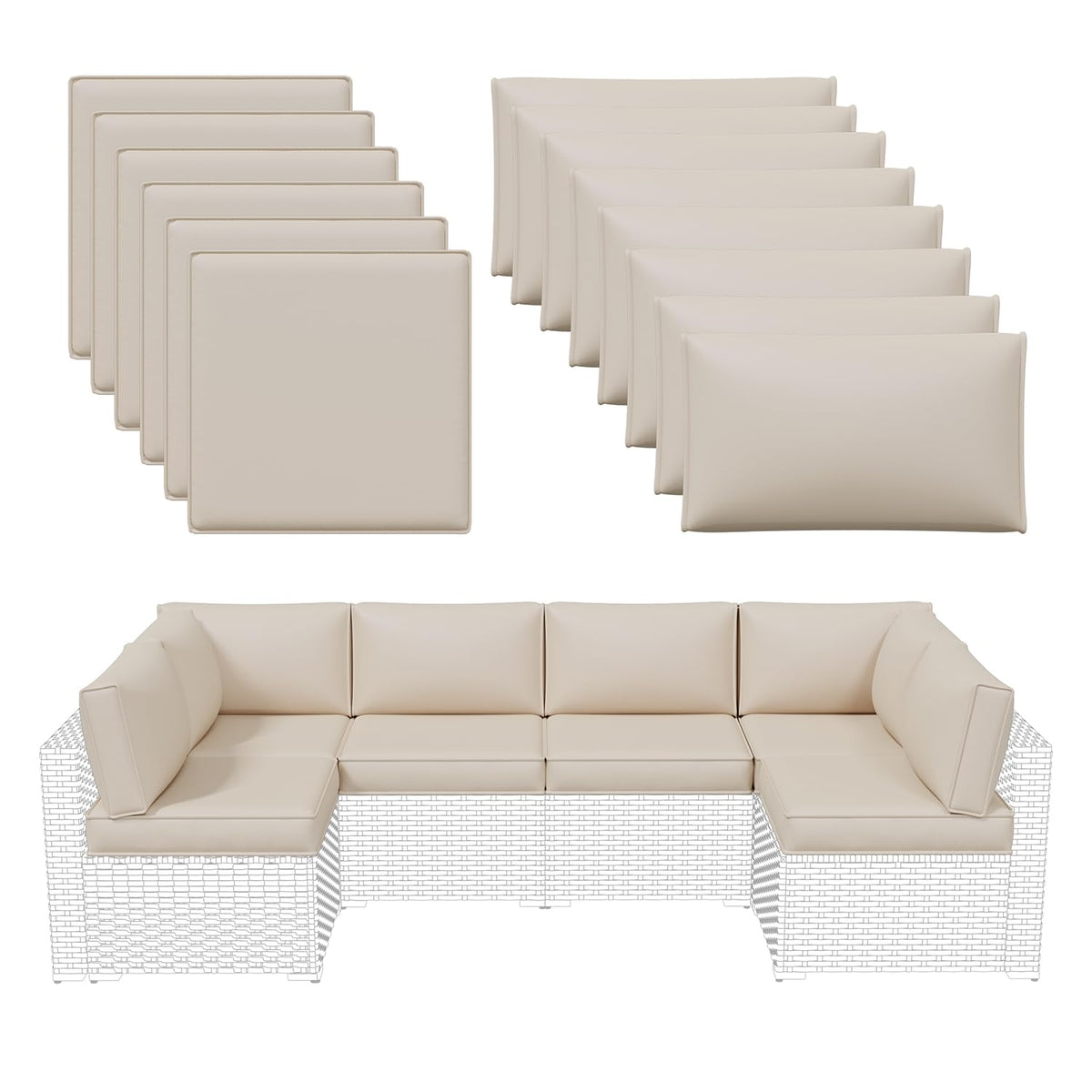 Aoxun Outdoor Replacement Cushions for Patio Furniture, Waterproof Sofa Cushion for 6-Seat Rattan Wicker Sectional Patio Conversation Sets, 14-Piece Cushions Set for L-Shape Couch, Navy