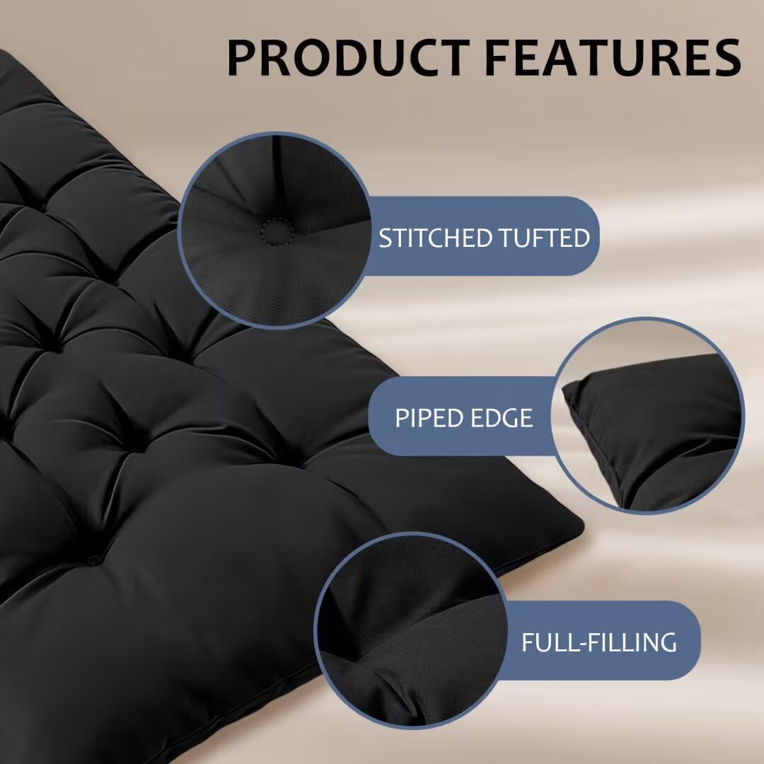 Outdoor Bench Cushion, Waterproof Seat Cushion for Outdoor/Indoor Furniture,Tufted Fade Resistant Bench Cushion for Patio Porch Swing Couch, 47"×20"×4",Black