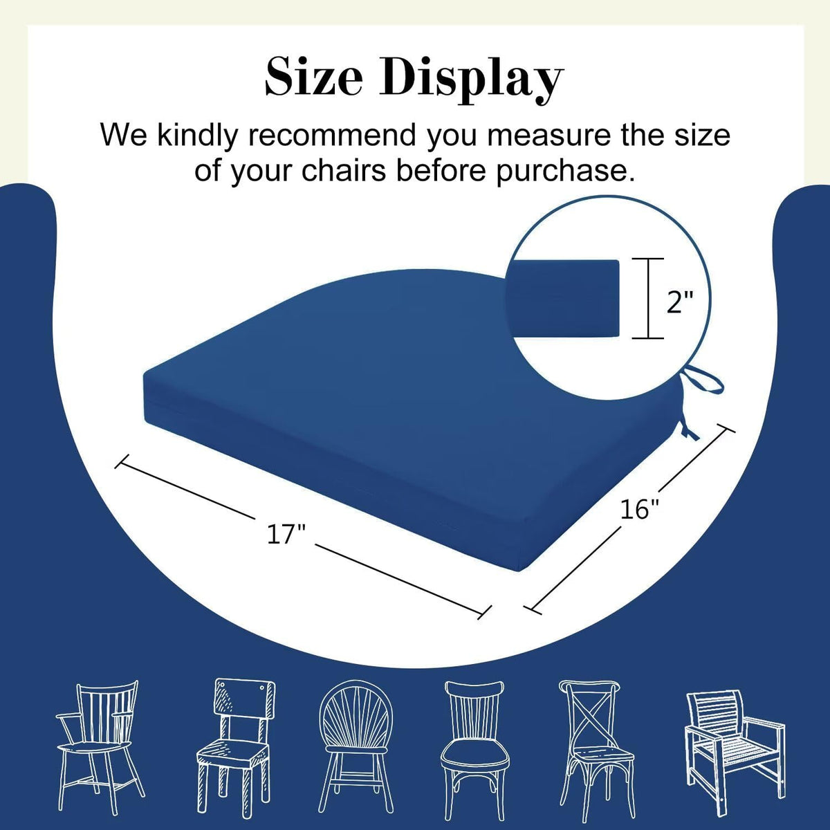 Cozyide Outdoor Chair Cushions, Waterproof Patio Seat Cushions with Adjustable Straps, Round Corner Patio Chair Cushions for Garden, Royal Blue, 17x16x2 Inch (Pack of 2)