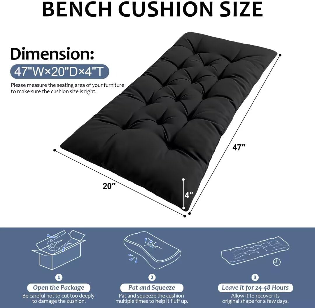 Outdoor Bench Cushion, Waterproof Seat Cushion for Outdoor/Indoor Furniture,Tufted Fade Resistant Bench Cushion for Patio Porch Swing Couch, 47"×20"×4",Black