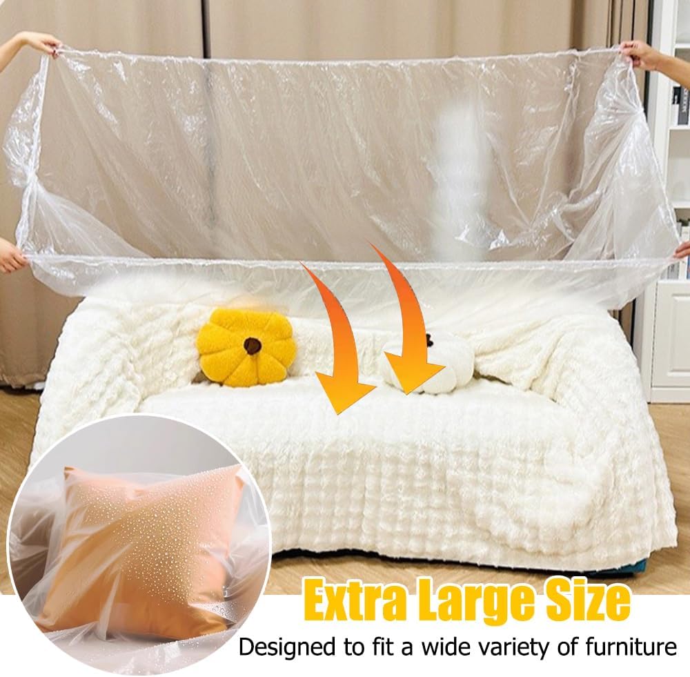 OULIGET Disposable Furniture Dust Covers with Elastic,Extra Large Sofa Couch Cover, Clear Moving Storage Bag for Bed Sofa Dining Table TV Cabinet,17 x 7.8 Ft,2 Pieces