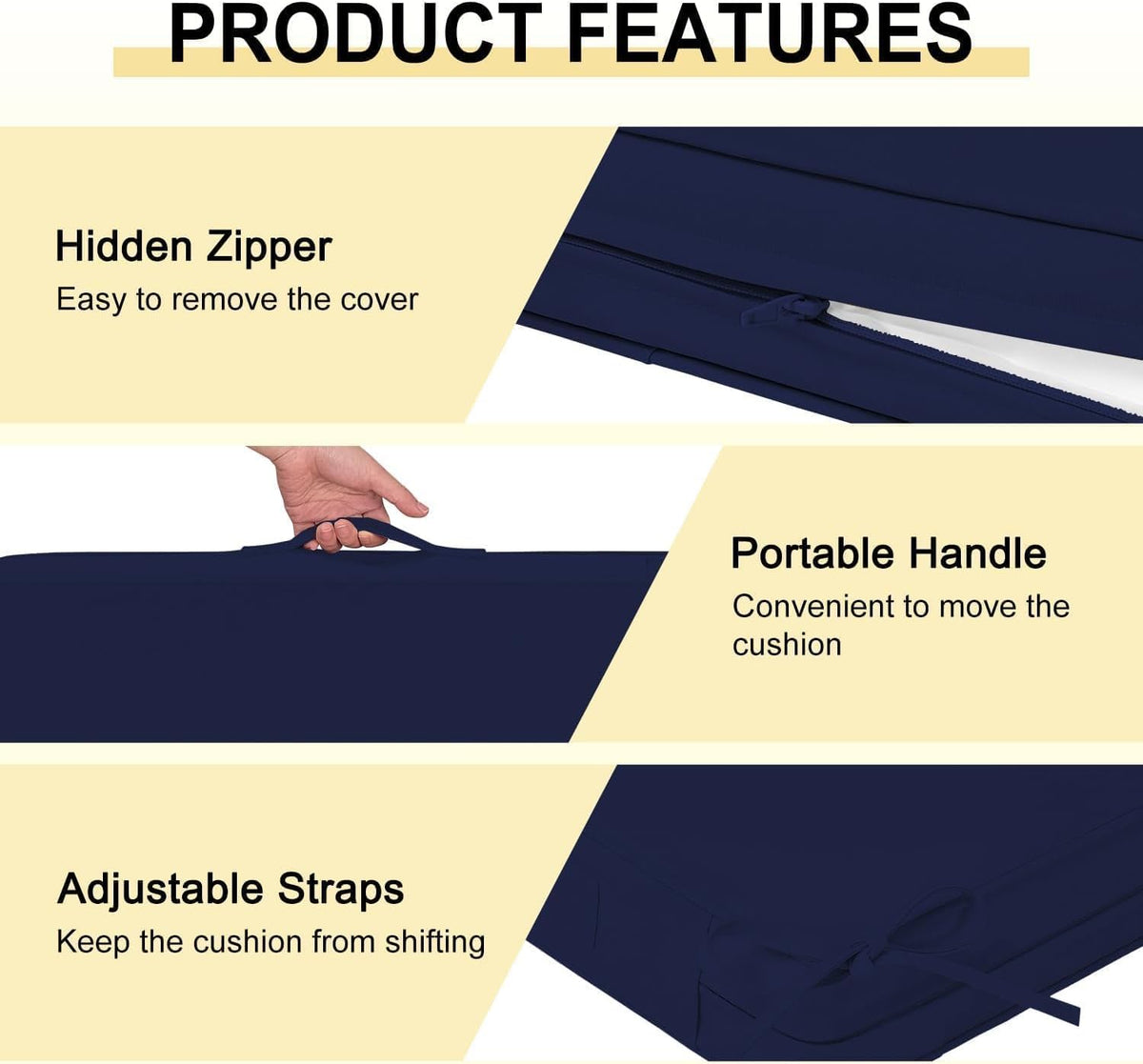 downluxe Outdoor Chair Cushions Set of 4, Waterproof 19" x 19" x 3" Patio Chair Cushion with Non-Slip Ties & Handle, Square Outdoor Cushion for Patio Furniture with Removable Cover, Navy