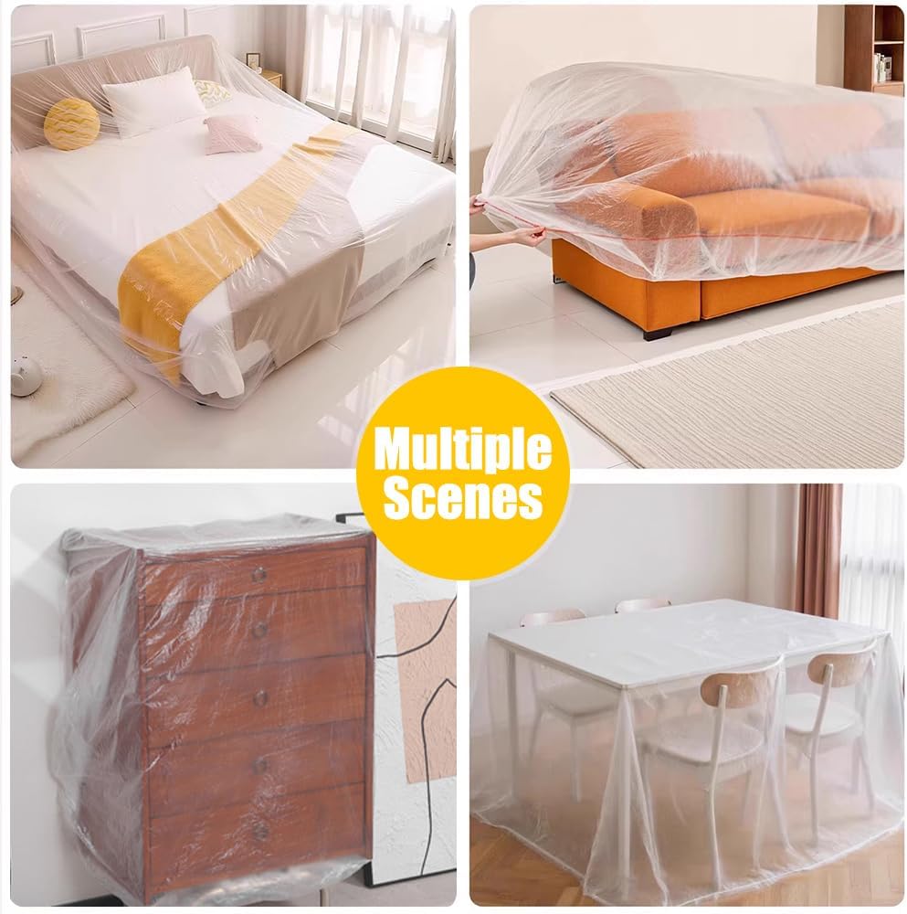 OULIGET Disposable Furniture Dust Covers with Elastic,Extra Large Sofa Couch Cover, Clear Moving Storage Bag for Bed Sofa Dining Table TV Cabinet,17 x 7.8 Ft,2 Pieces