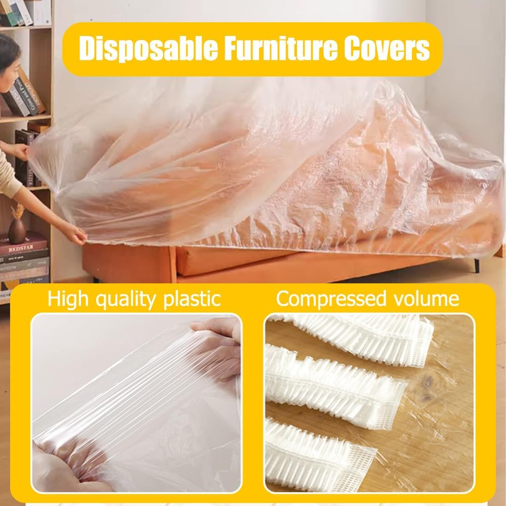 OULIGET Disposable Furniture Dust Covers with Elastic,Extra Large Sofa Couch Cover, Clear Moving Storage Bag for Bed Sofa Dining Table TV Cabinet,17 x 7.8 Ft,2 Pieces