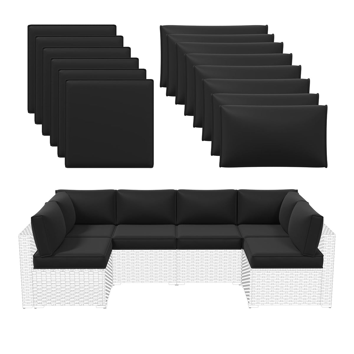 Aoxun Outdoor Replacement Cushions for Patio Furniture, Waterproof Sofa Cushion for 6-Seat Rattan Wicker Sectional Patio Conversation Sets, 14-Piece Cushions Set for L-Shape Couch, Navy