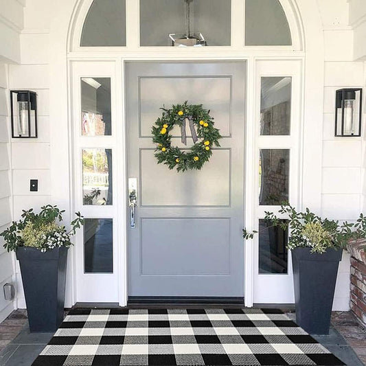MUBIN Cotton Buffalo Plaid Rug, 27.5x43 Black and White Outdoor Rug Front Door Decorative Mat, Washable Doormat Foldable Area Rug Layered Door Mats Rug for Front Porch, Entryway, Patio