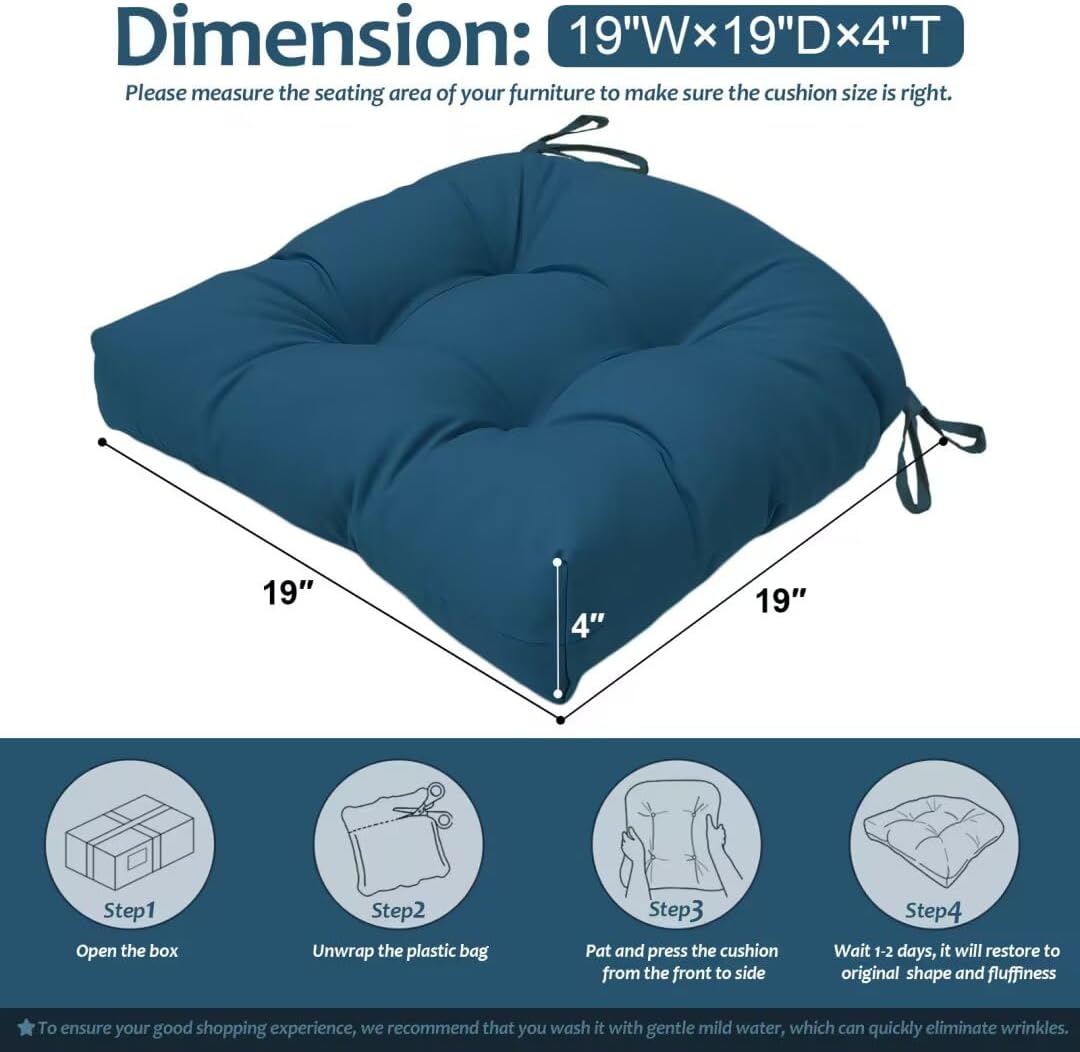 Outdoor Chair Cushions Set of 2, 19"x19" Tufted Outdoor Seat Cushions, Waterproof Patio Furniture Cushions,Navy Blue