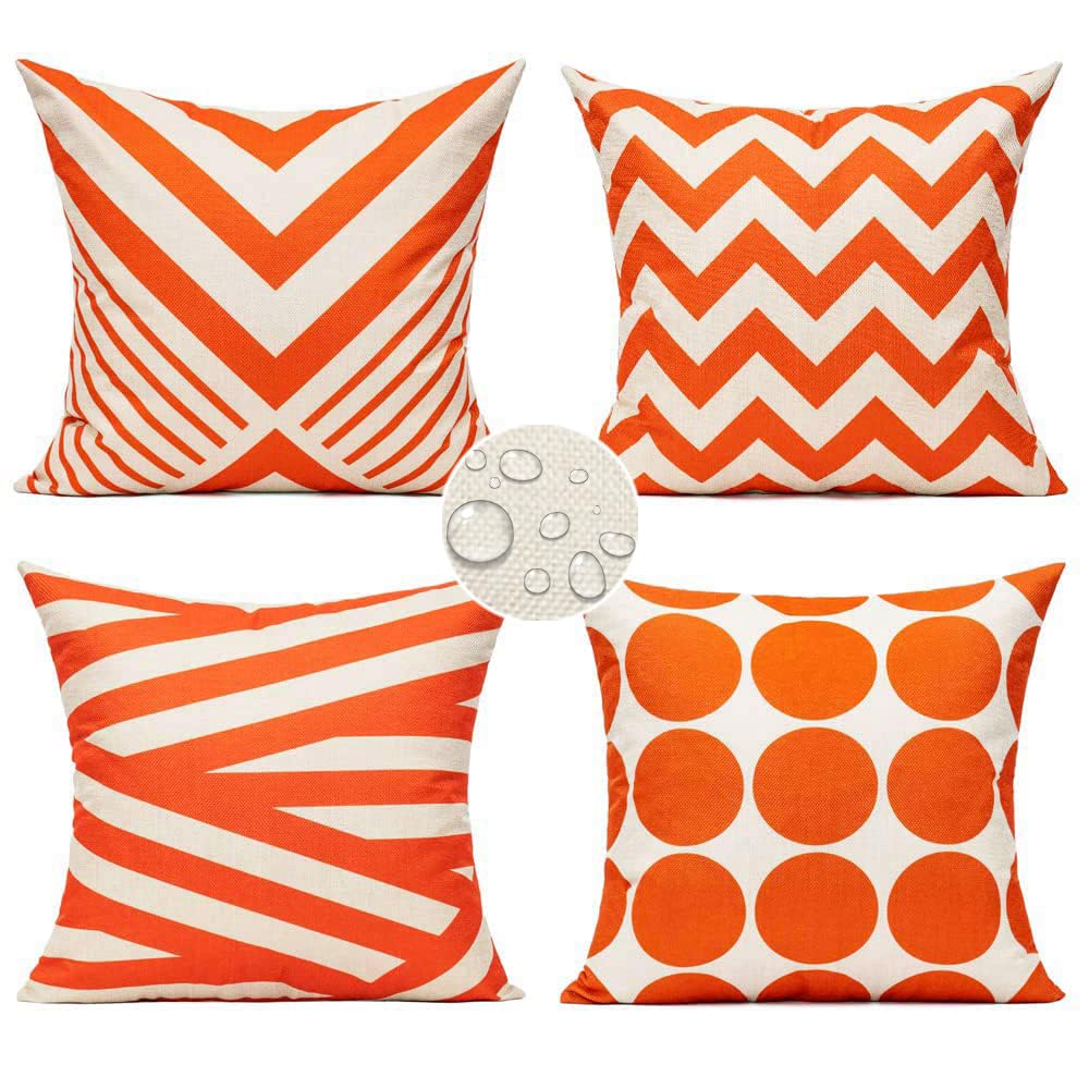All Smiles Outdoor Waterproof Throw Pillow Covers 18X18 Set of 4,Orange Decorative Cushion Covers Boho Decorations Outside for Patio Furniture Porch Seat Chair Couch Sofa Living Room Geometric