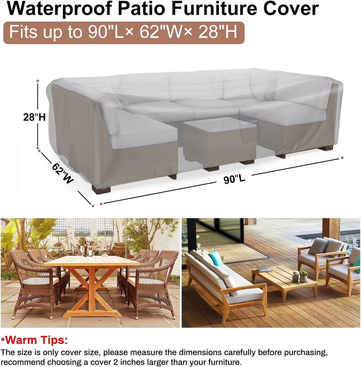 Mrrihand Outdoor Patio Furniture Covers Waterproof 90"Lx62"Wx28"H Black