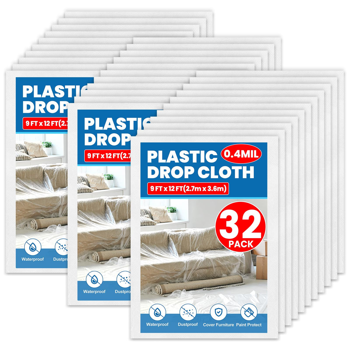 8 Pack Plastic Drop Cloth, 9 x 12 Feet Plastic Sheeting