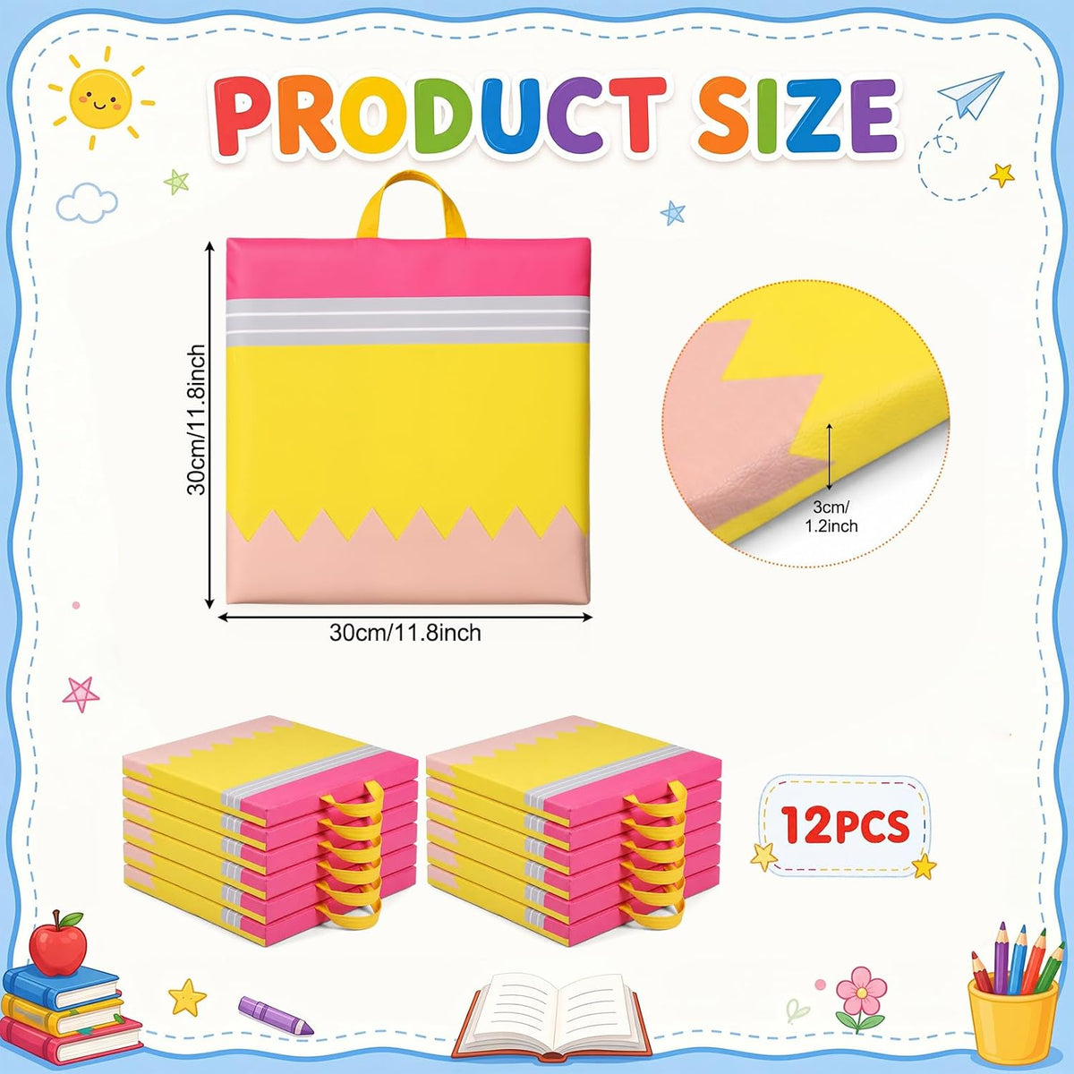 Beeveer 12 Pcs 12'' Floor Cushions with Handle for Kids Classroom Flexible Seating Floor Pillow Waterproof Cushions Seating for Toddlers Daycare Nursery Preschool School Home (Pencil,Yellow)