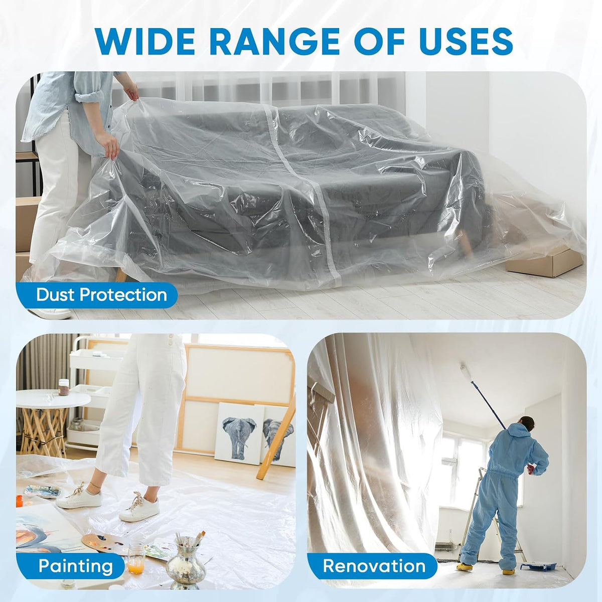 TICONN 12 x 9 Ft Plastic Drop Cloth for Painting, Waterproof Painters Plastic Sheeting, Painting Tarp for Furniture Cover, Floor Protection (6PK, 0.5Mil)