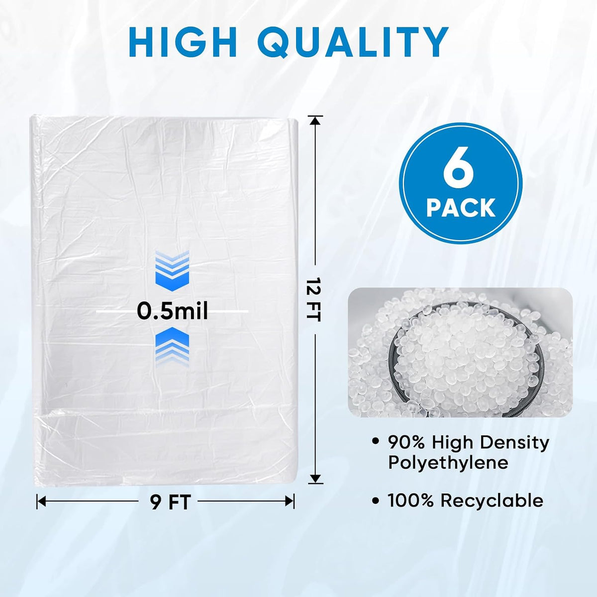 TICONN 12 x 9 Ft Plastic Drop Cloth for Painting, Waterproof Painters Plastic Sheeting, Painting Tarp for Furniture Cover, Floor Protection (6PK, 0.5Mil)