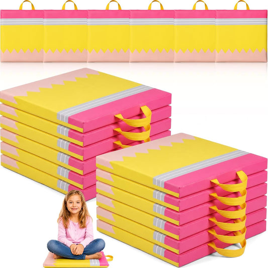 Beeveer 12 Pcs 12'' Floor Cushions with Handle for Kids Classroom Flexible Seating Floor Pillow Waterproof Cushions Seating for Toddlers Daycare Nursery Preschool School Home (Pencil,Yellow)